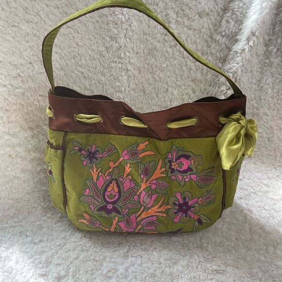 Ipa-Nima fabric green& Brown Floral embroidery medium shoulder bag bohemian look - Picture 7 of 16